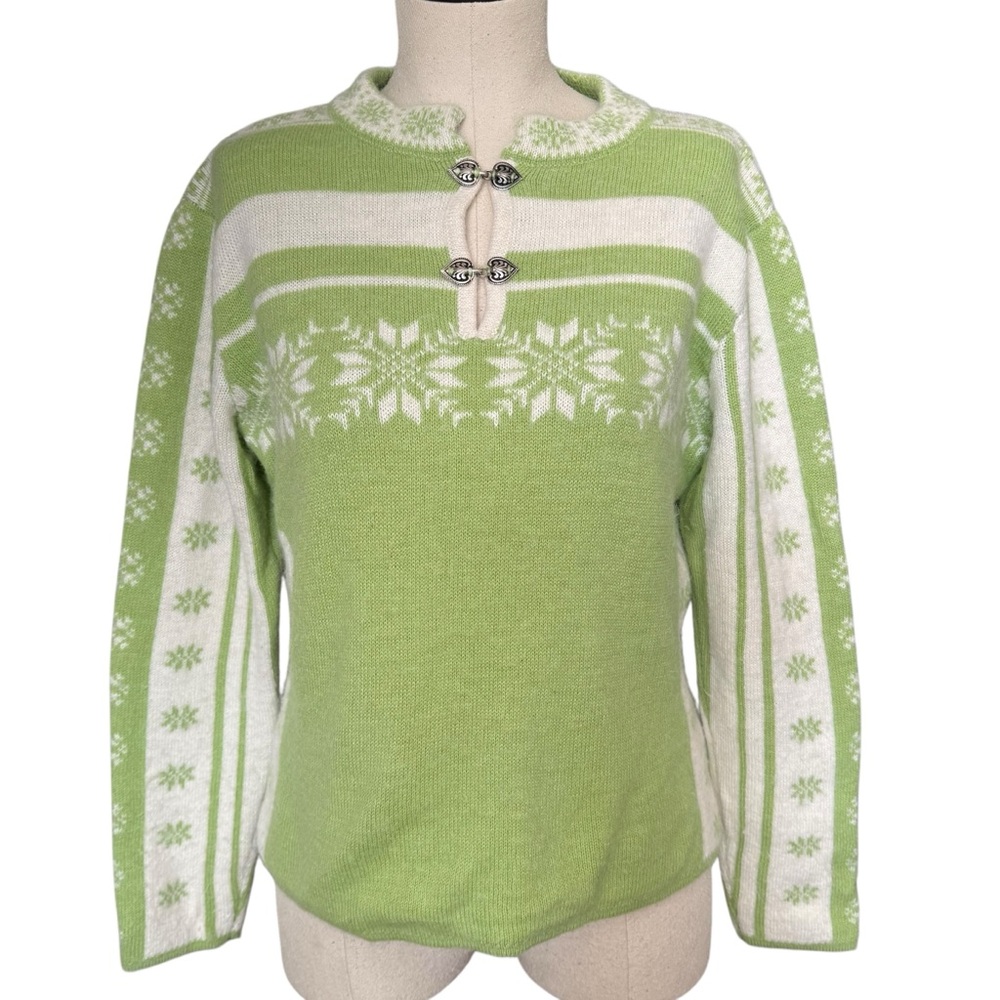 Caamano Peruvian Alpaca Sweater Green Nordic Snowflake Toggle Neck Ski Lodge M